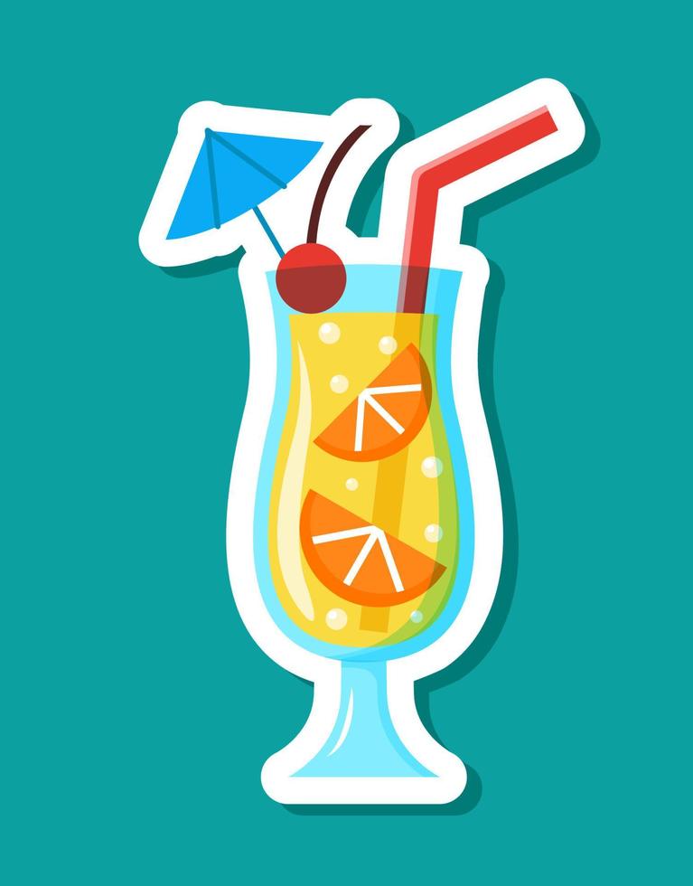 Vector orange cocktail sticker in cartoon style. Isolated drink in glass with citrus slices, umbrella and juice straw with white contour