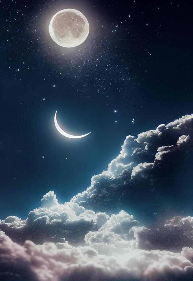 estrellado brillante noche cielo con blanco nubes soñador Luna. generativo ai. foto