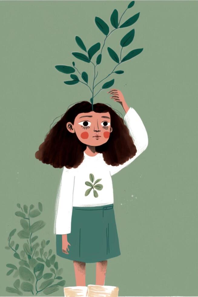 minimalista ilustración de niña niño y planta. generativo ai. foto