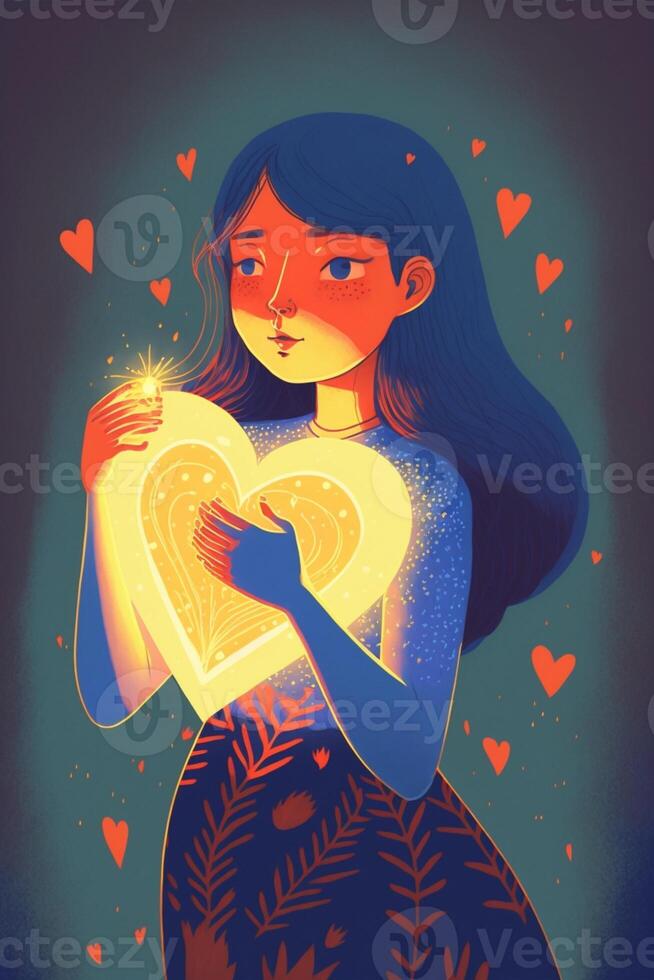 minimalistic illustration of a girl and light comes from inside of her. . photo