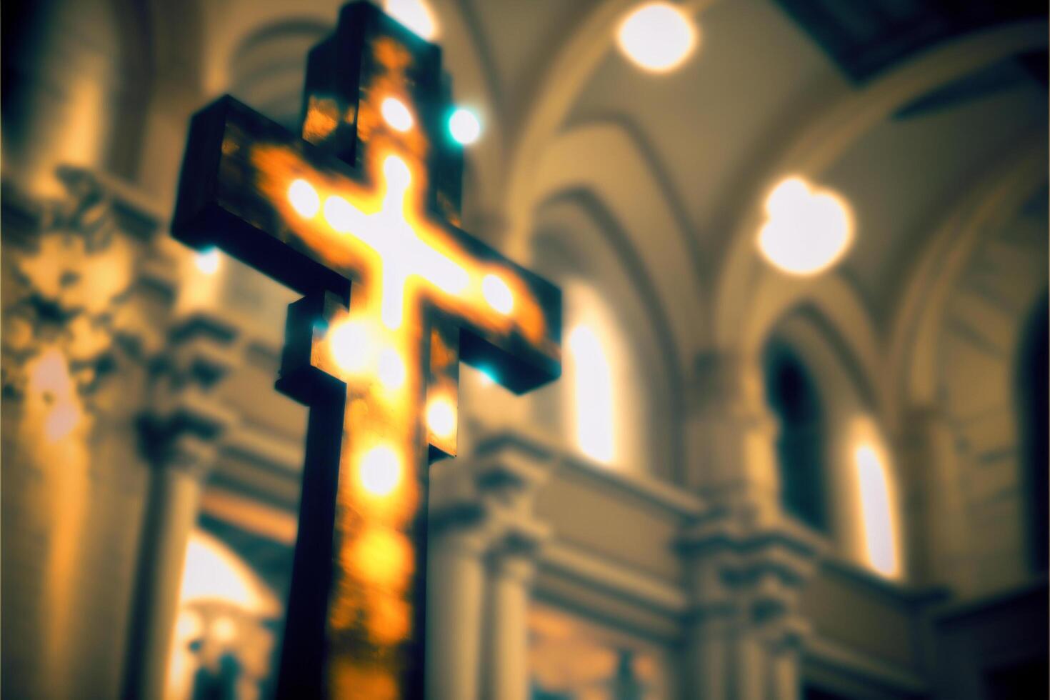 defocused cross in blurred church. photo