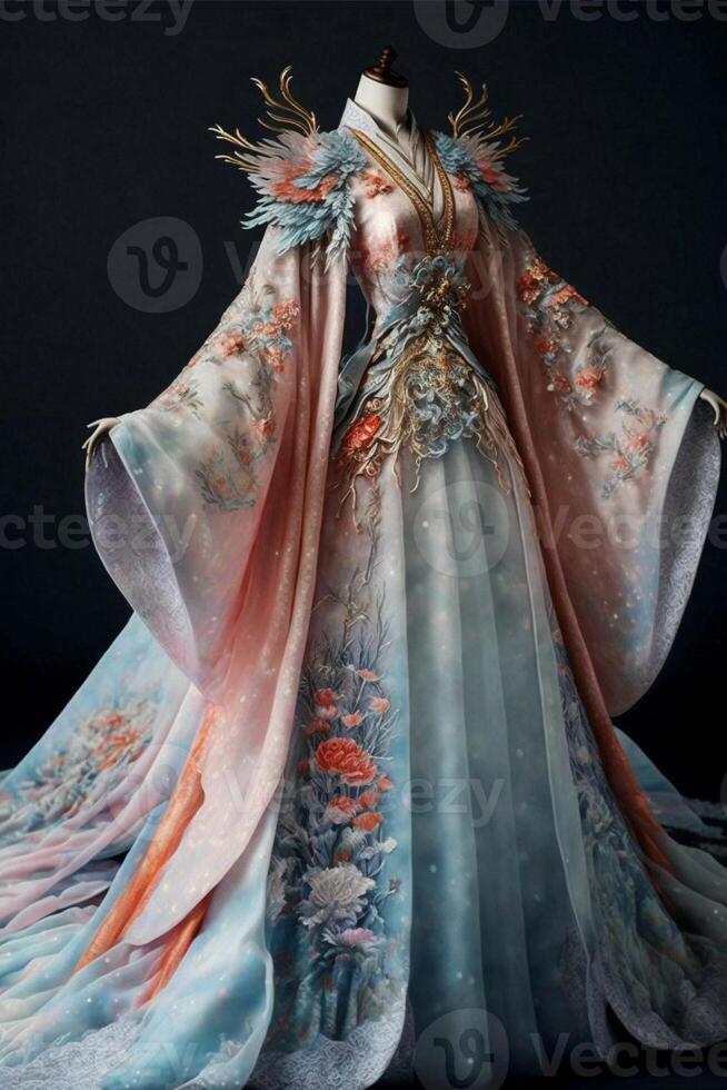 maravilloso chino hanfu seda Boda vestir bordado generativo ai. foto