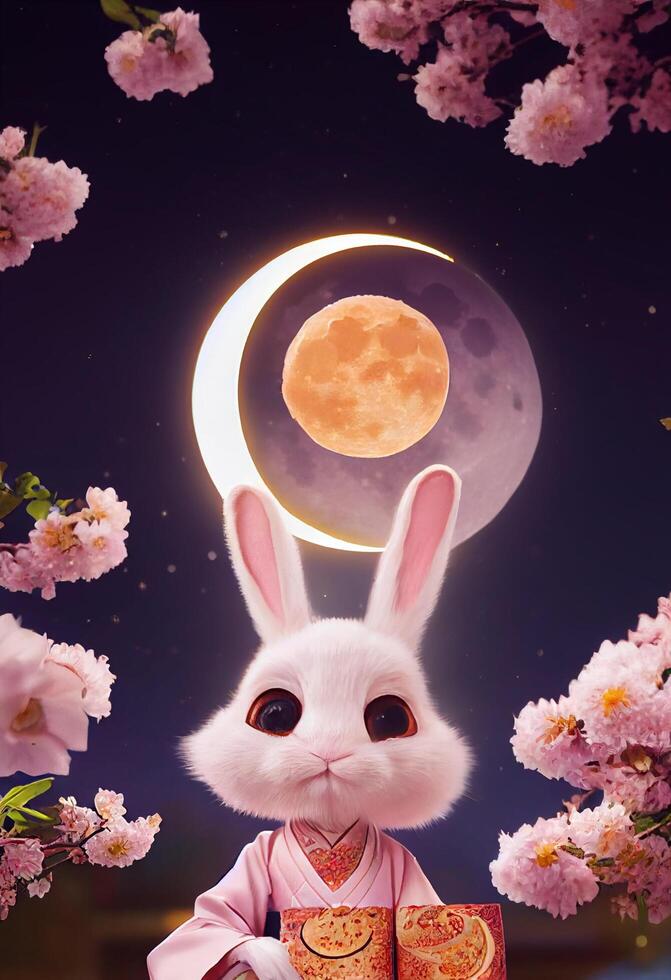 Anthropomorphic cute and cute rabbit holding a moon cake dress. photo