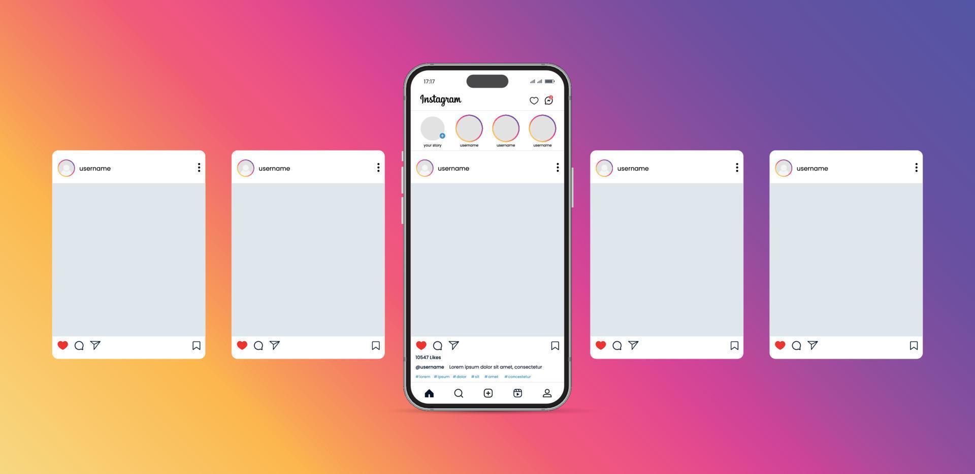 Instagram carousel or slide pages interface vector mockup with five pages