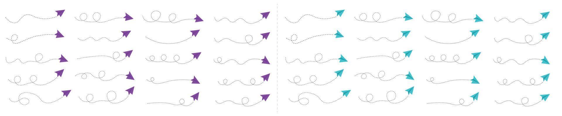 Set of dashed line paper airplane route vector