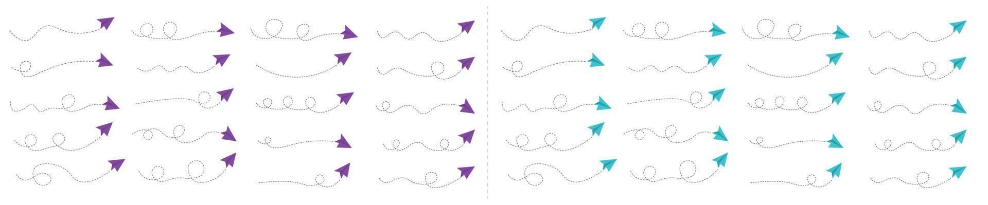 conjunto de ruta de avión de papel de línea discontinua vector