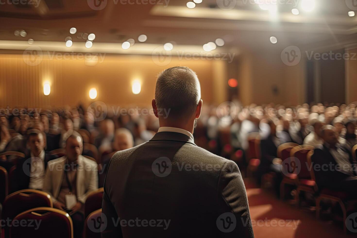 Public speaker giving talk in conference hall at business event. photo