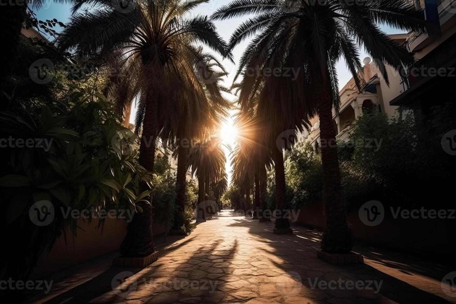 Palm tree silhouettes against sunset sky. photo