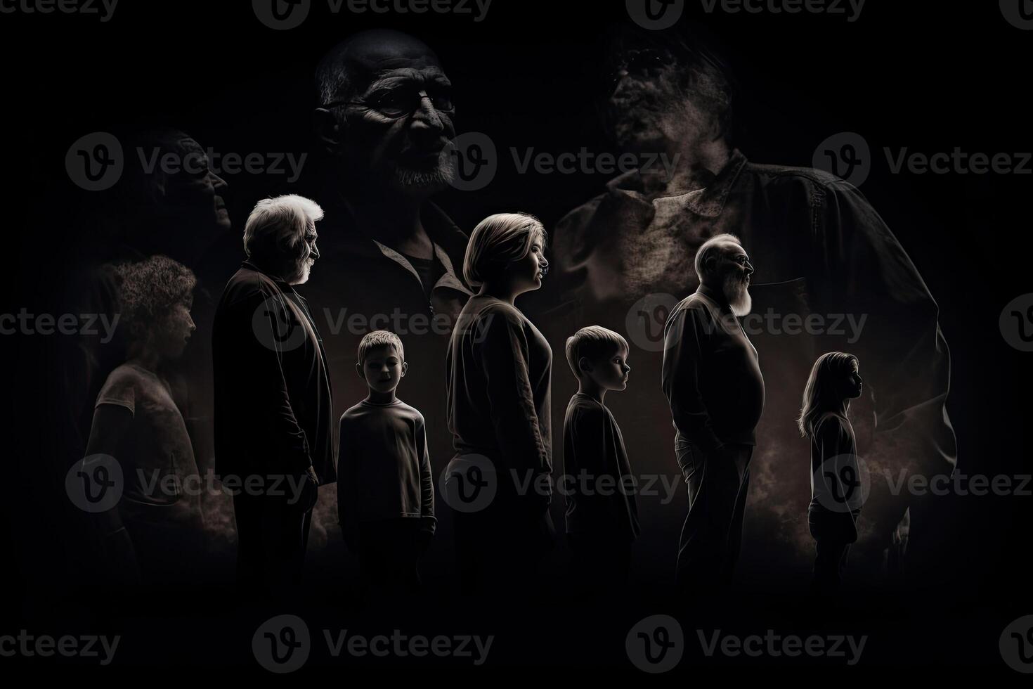 Different generations of family stand together against dark abstract background. photo