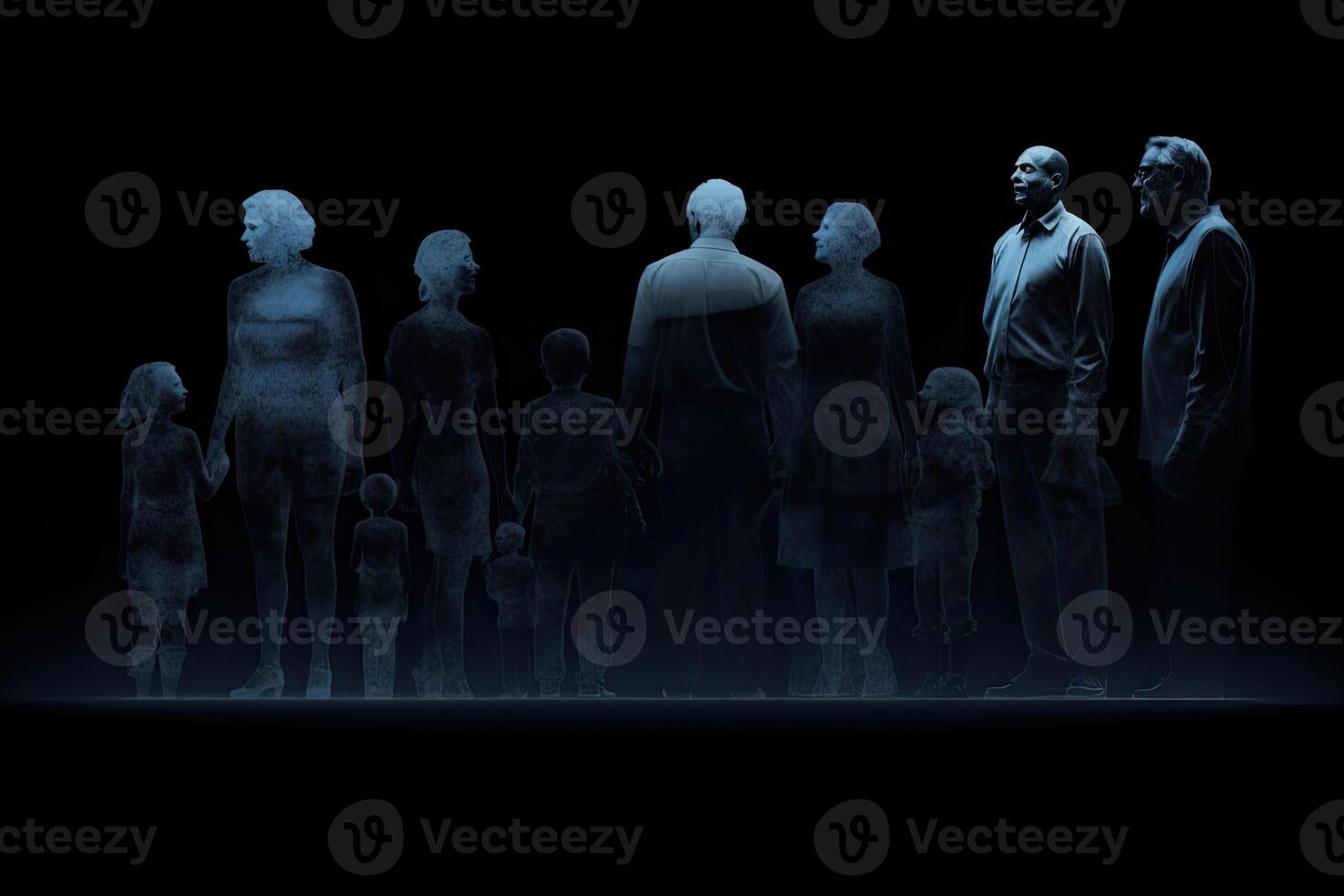 Different generations of family stand together against dark abstract background. photo