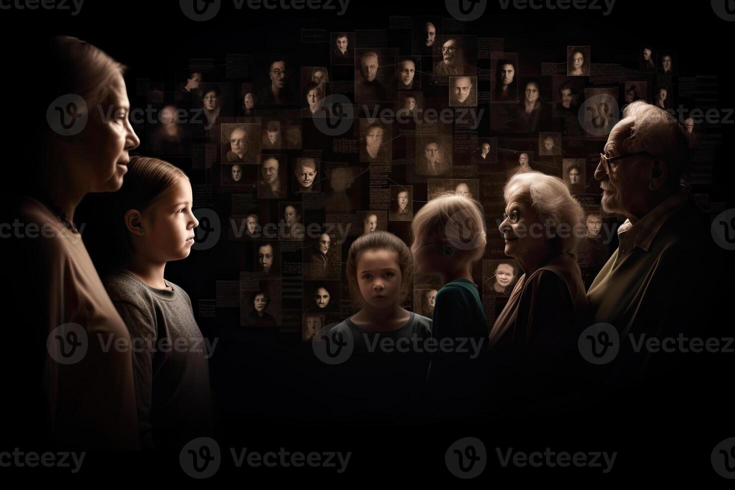 Different generations of family stand together against dark abstract background. photo