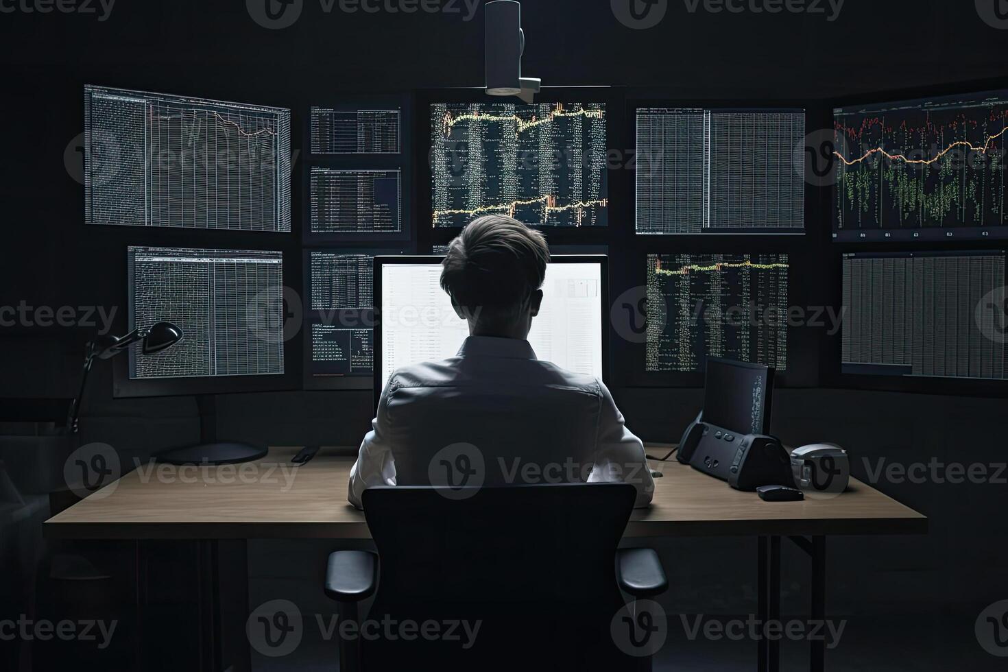 Trader at workplace analising stock exchange graphs. photo