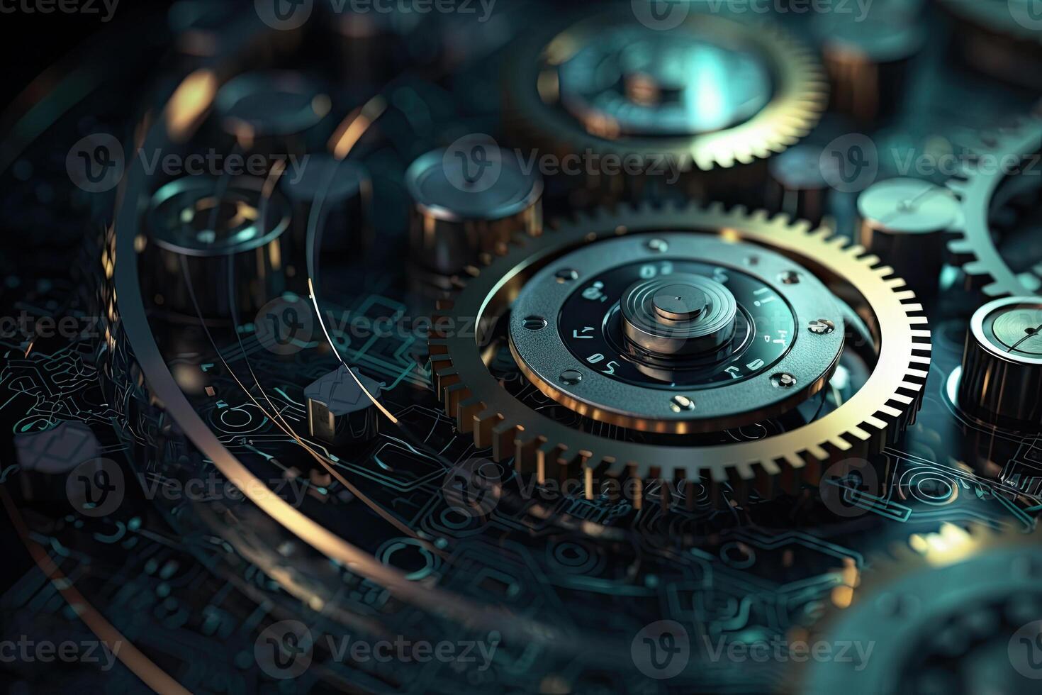 Digital gear wheels on circuit board. High technology engineering. photo