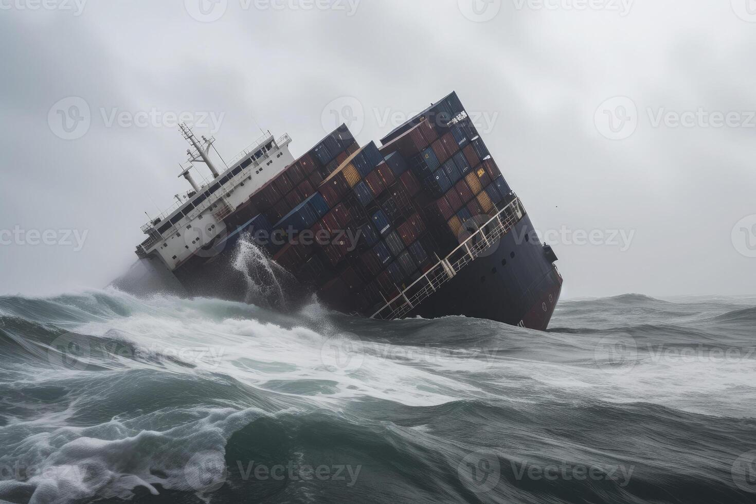 Wrecked cargo ship with conatiners in stormy sea with large waves. photo