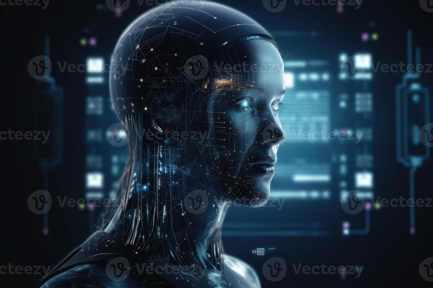 Machine learning. Artificial intelligence robot on futuristic background. photo