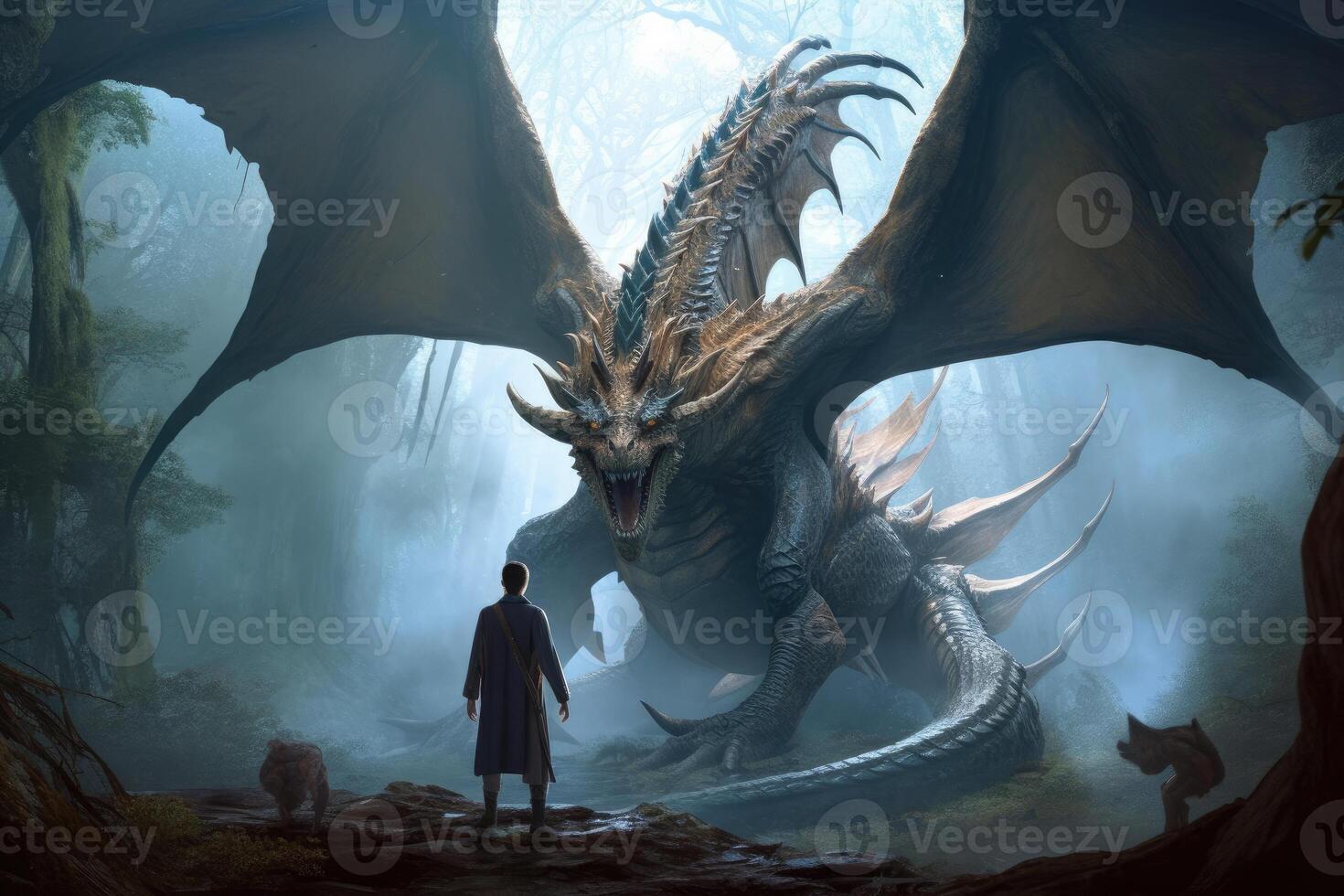 Man stands in front of huge dragon, fantasy world. photo