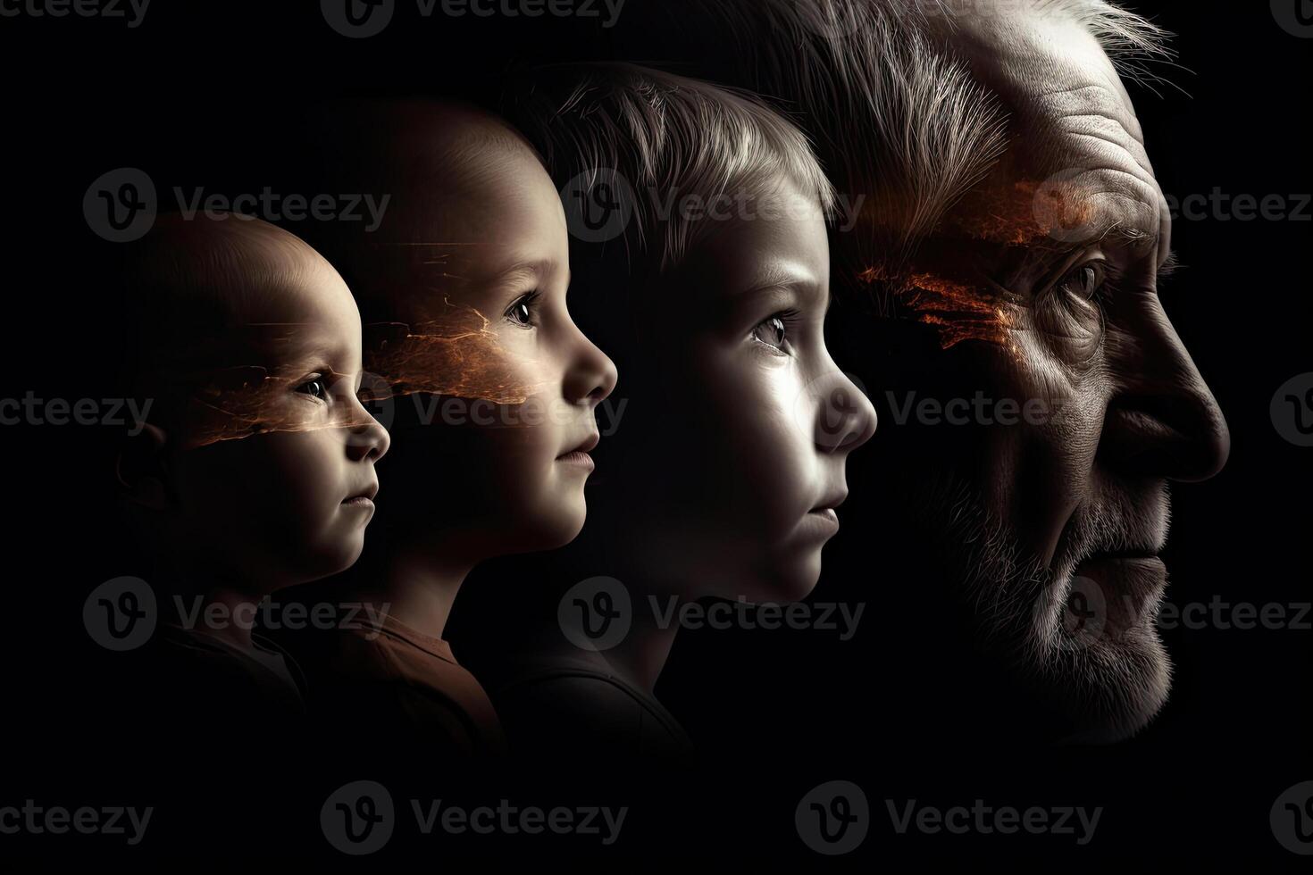 Different generations of family stand together against dark abstract background. photo