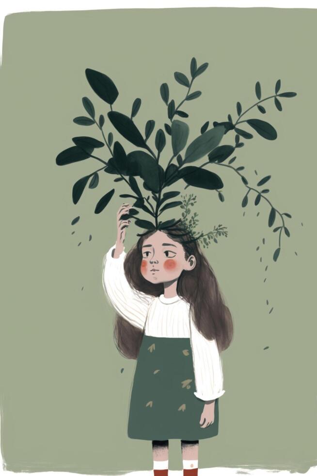 minimalista ilustración de niña niño y planta. generativo ai. foto