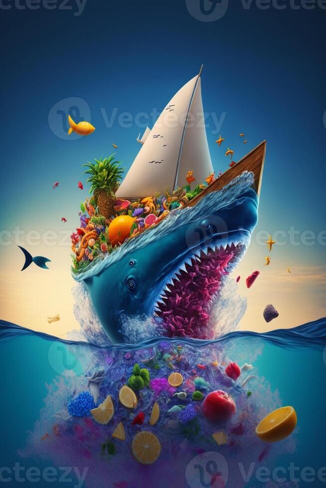 A shark shaped sailboat. Digital illustration. . photo