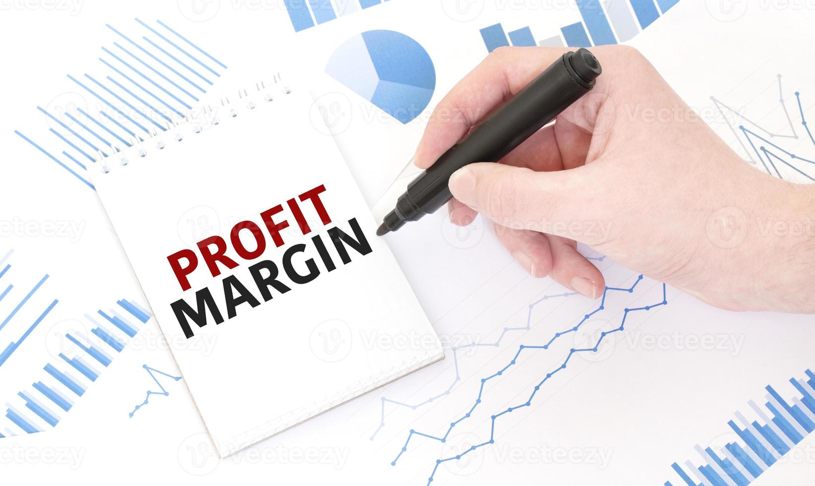 Businessman holding a black marker, notepad with text profit margin, business concept photo