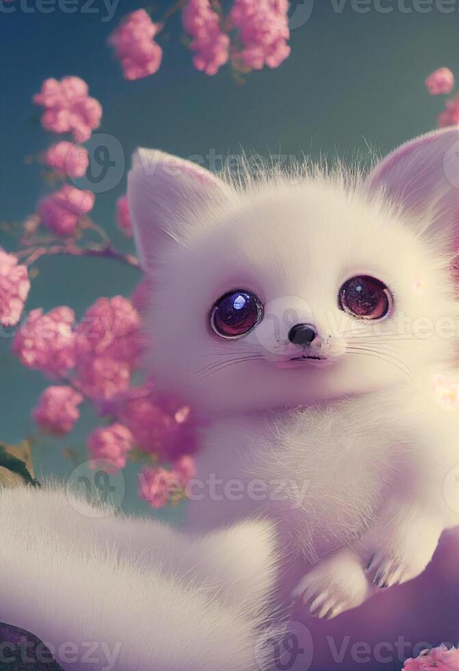 A cute and adorable baby white fox with a big fluffy tailholdi. . photo