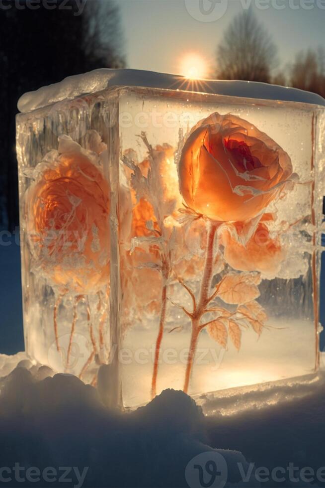 super realistic photo of icebound read roses closeup. .