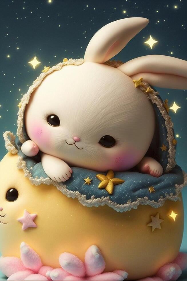 Cute and sweet baby pixar style white fairy bunny. . photo