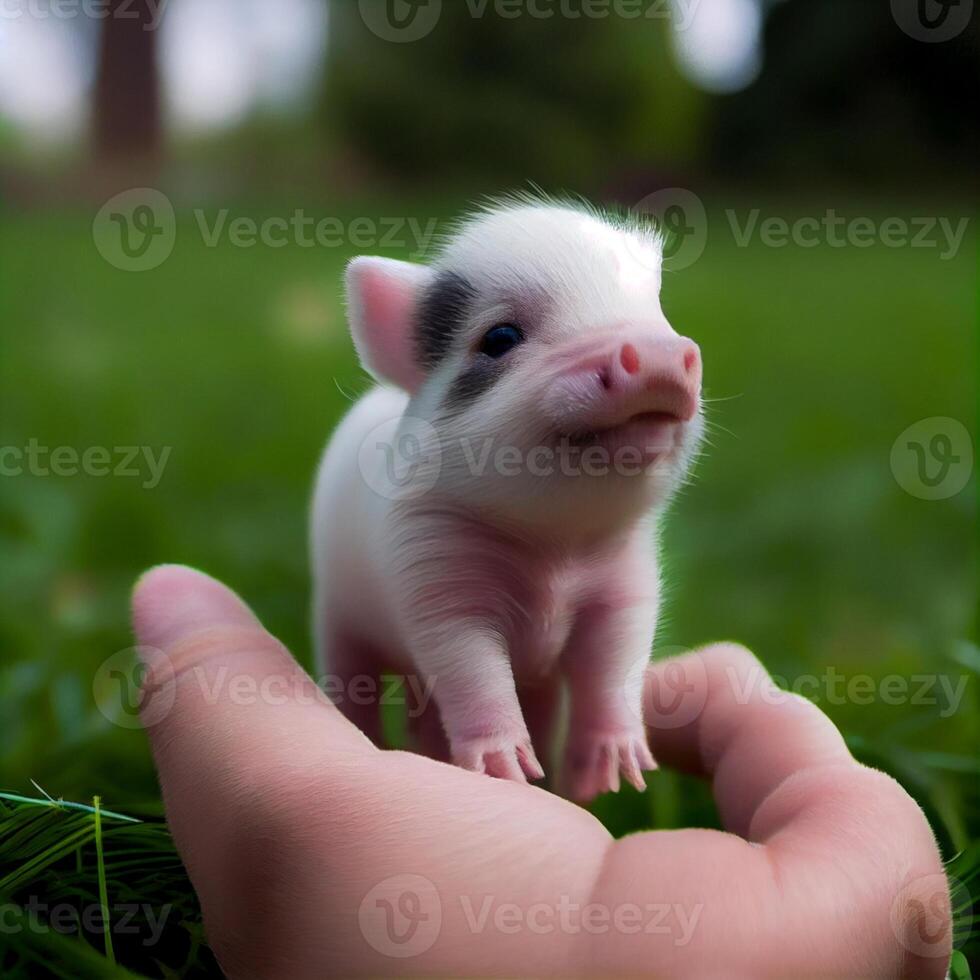 esta es un linda mini cerdo el Talla de un pulgar con un borroso. generativo ai foto