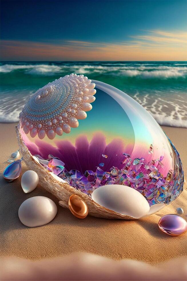 On the beach. There are many crystal clear pearl.. photo