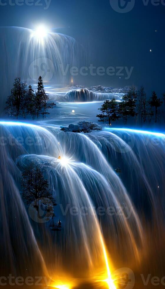 Surreal landscape background with glowing lights. . photo