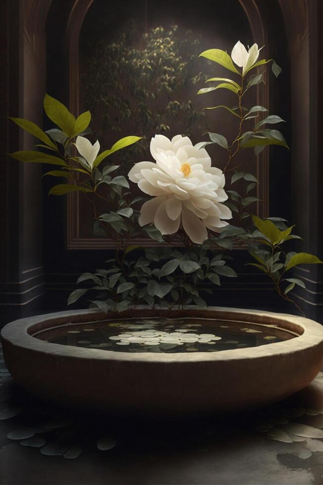 There are floating white jasmine flowers in the water tank. photo