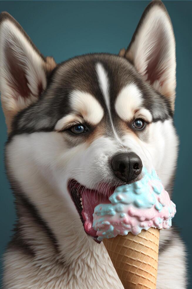 Baby Huskie Dog licking ice cream. . photo