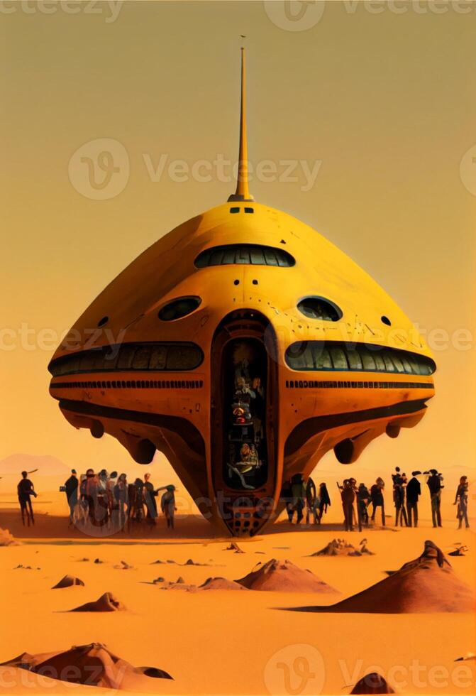 tribal ufo plane in a desert at brilliant crowd. . photo