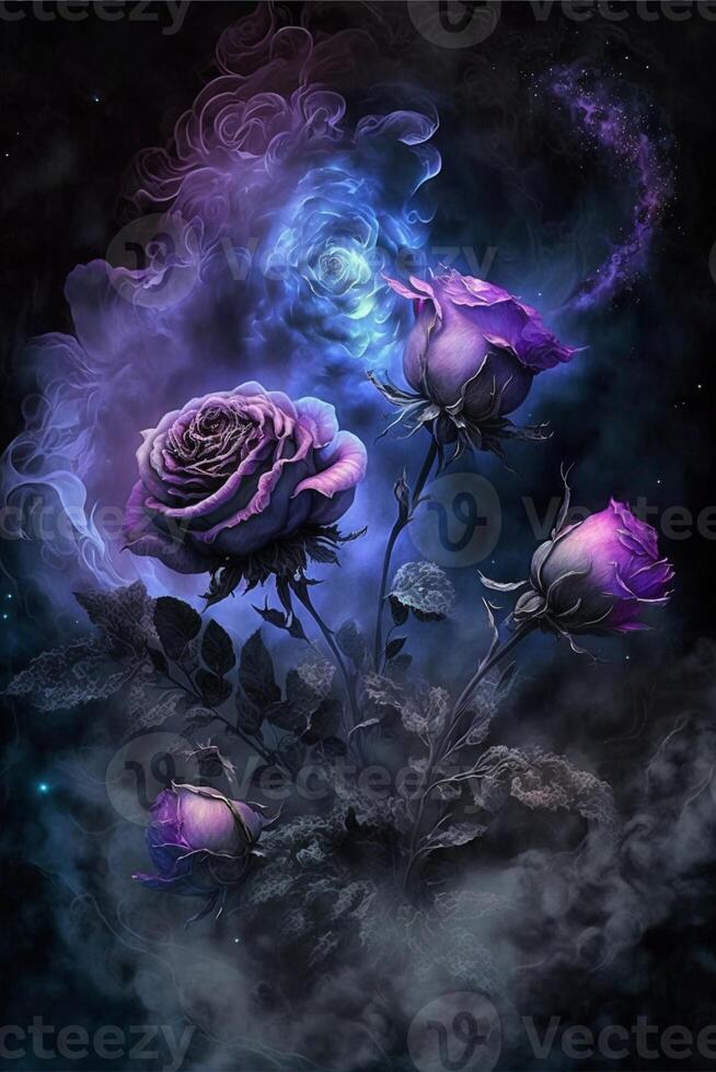 A few beautiful purple roses glow smoke fairy sky. . photo