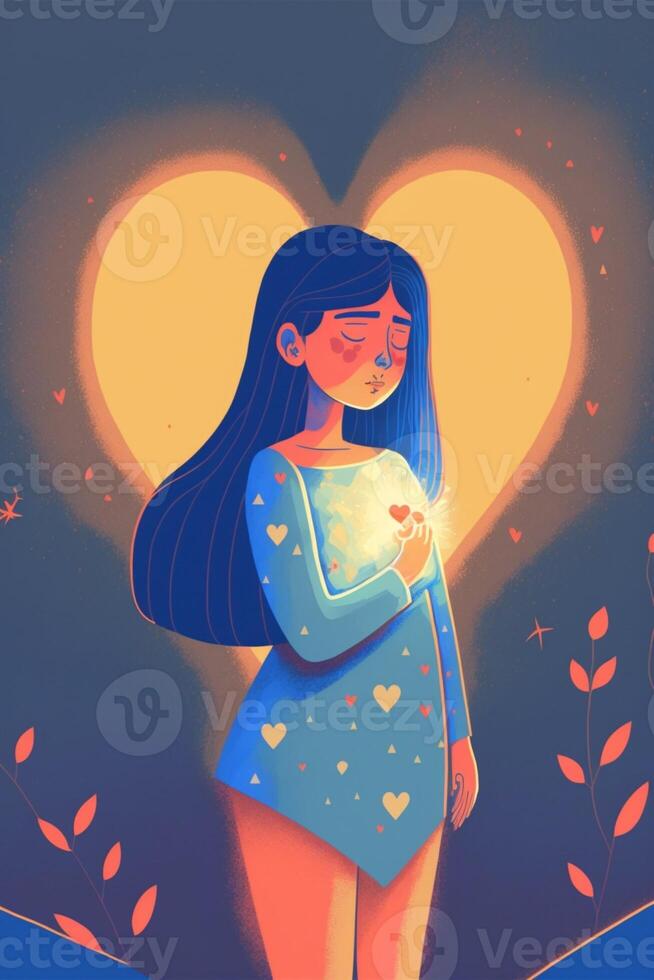 minimalistic illustration of a girl and light comes from inside of her. . photo