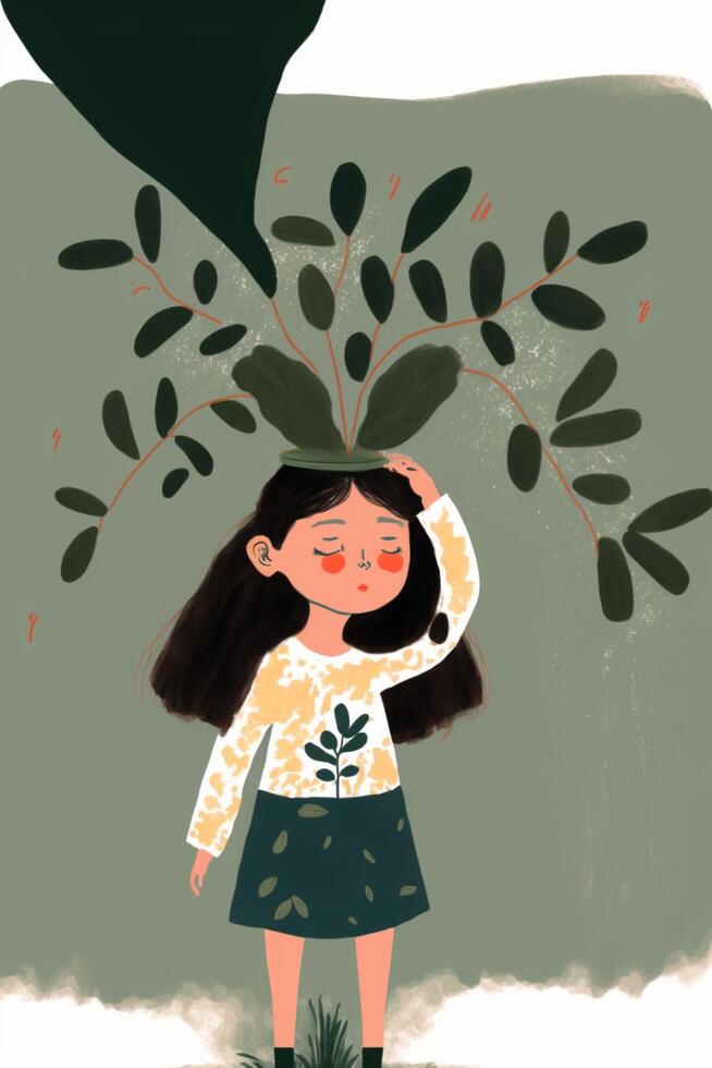 minimalista ilustración de niña niño y planta. generativo ai. foto