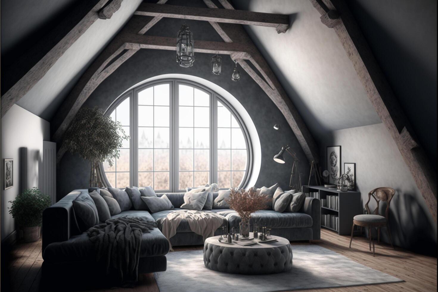 Grey attic living room interior with sofa . photo
