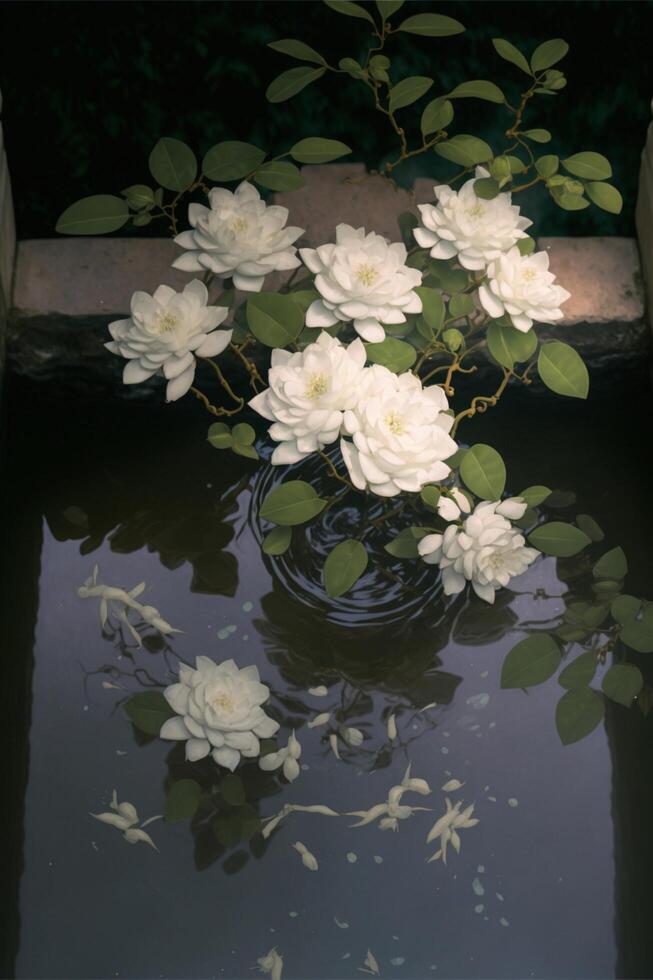 There are floating white jasmine flowers in the water tank. photo