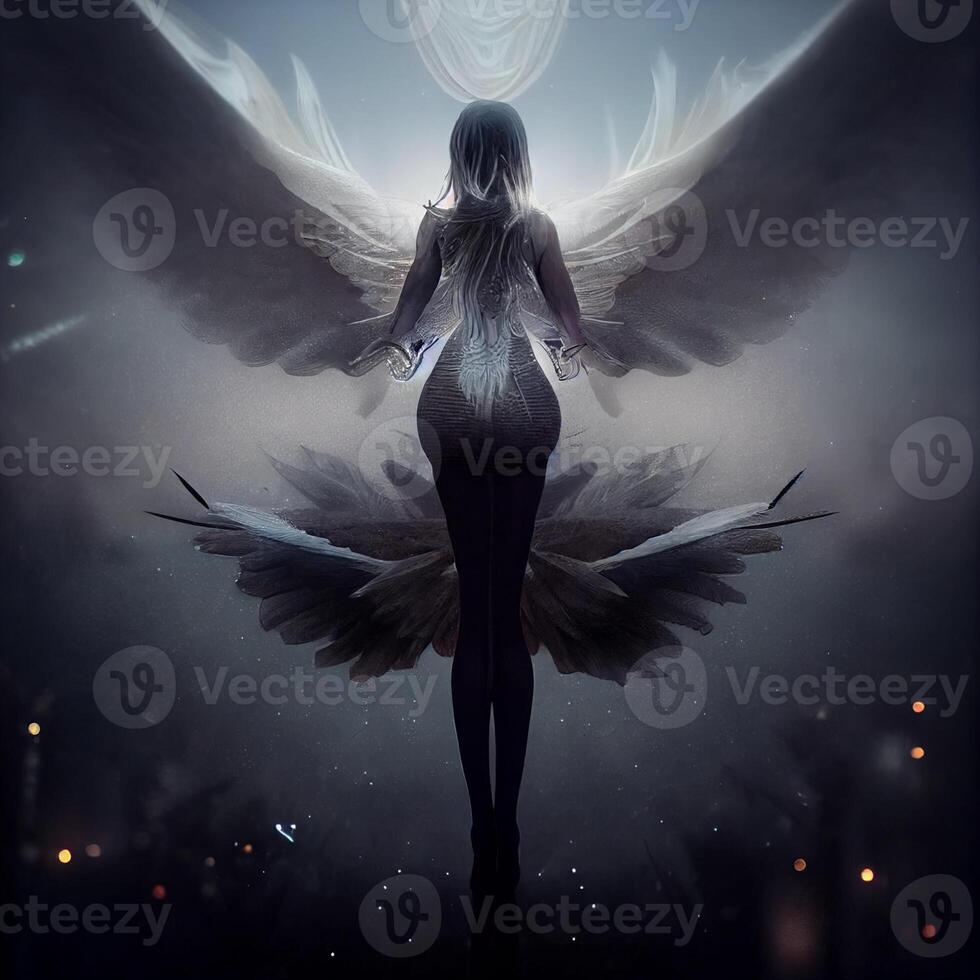 girl angel with spread dragon wings on flare. . photo