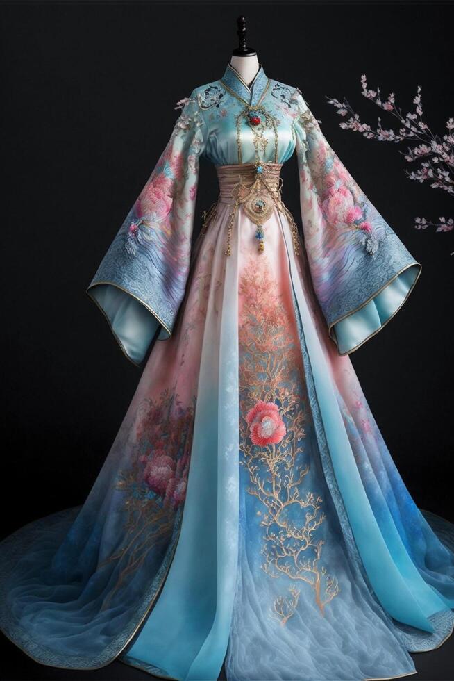 Stunning Chinese Hanfu silk wedding dress embroidered. Generative Ai ...