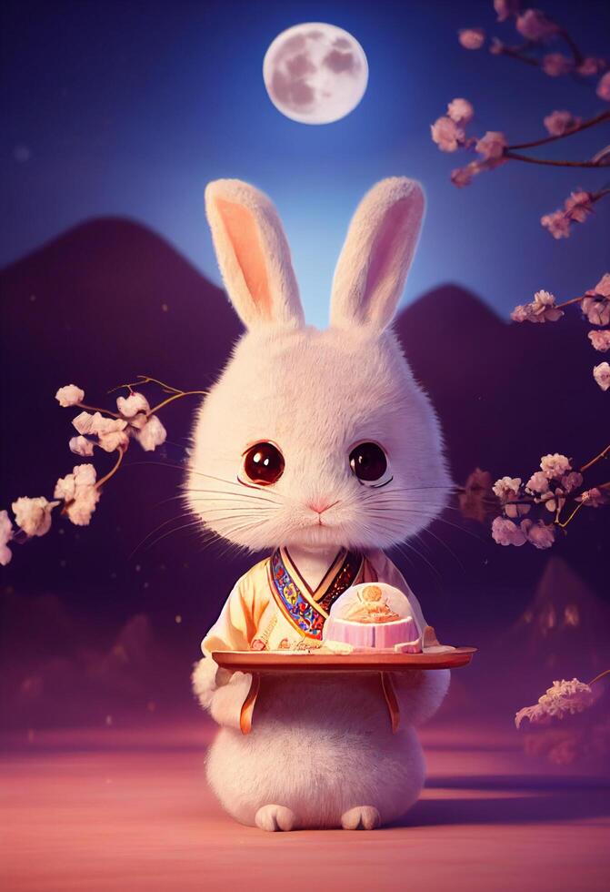 Anthropomorphic cute and cute rabbit holding a moon cake dress. photo