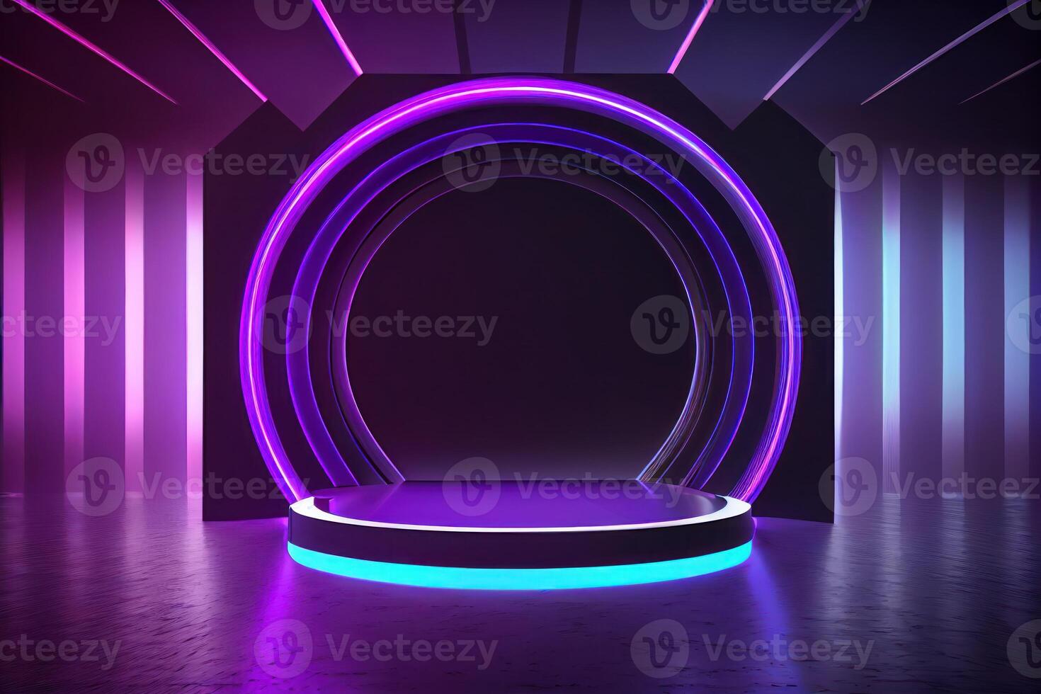 Circular stage with neon lights, abstract background. photo