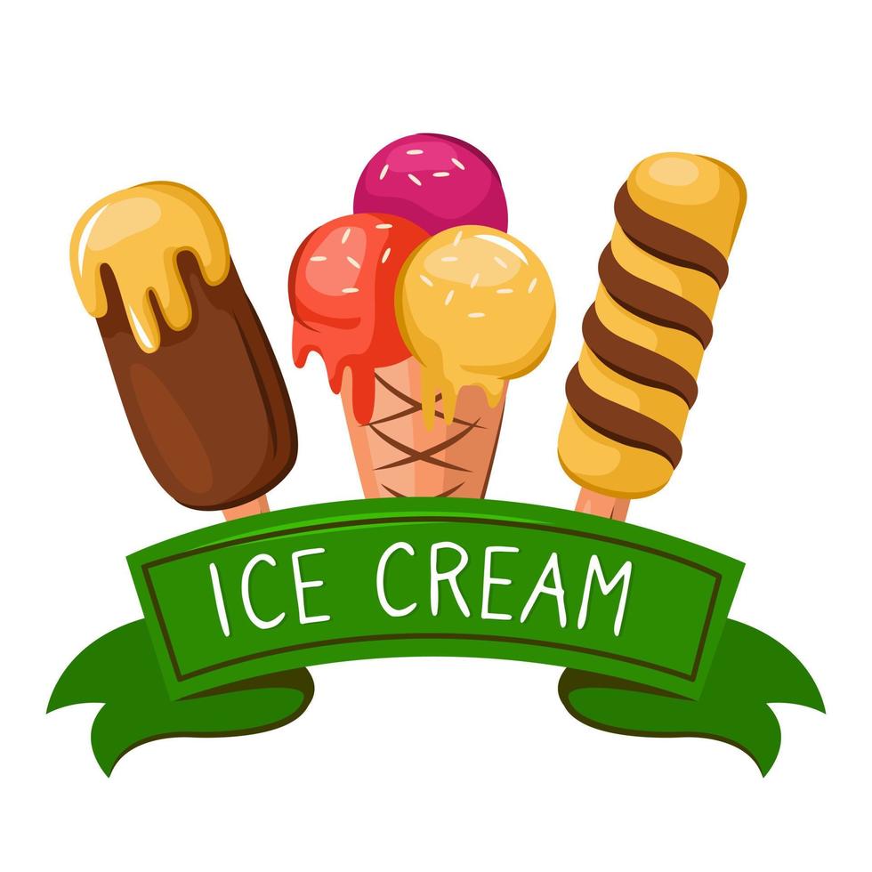 An illustration of an ice cream with a delicious dessert and a decorative ribbon on a white background. Vector design template for an advertising banner or poster with vanilla, chocolate, fruit.