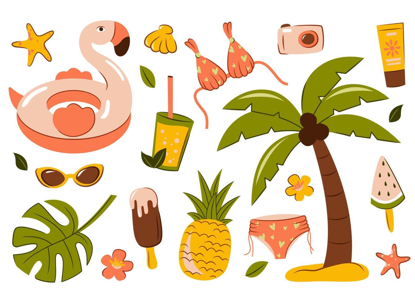 A set of cute summer icons food, drinks, palm leaves, fruits and flamingos. Bright summer poster. A collection of scrapbooking items for a beach party. Vector illustration