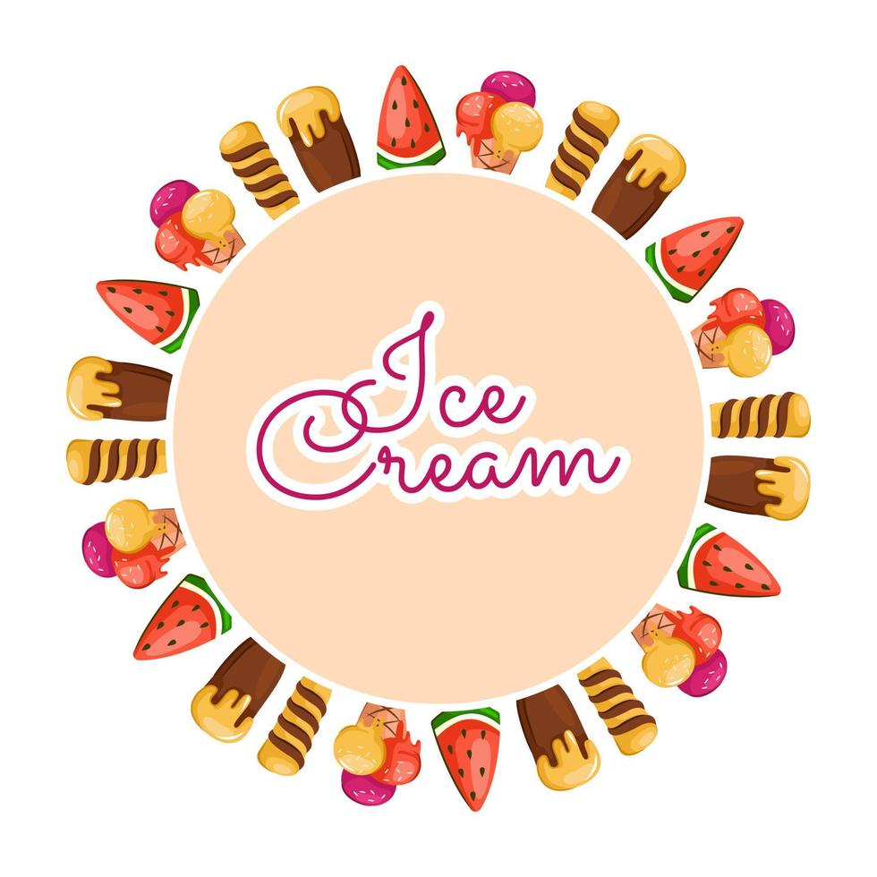 A frame with various types of ice cream on a white background. Vector frame template for restaurant menus, postcards, backgrounds, summer designs