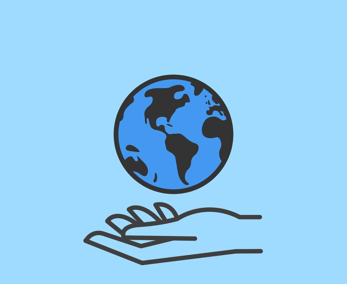 Hand holding planet earth. World environment conservation linear icon. Human protect nature. Save the planet. vector