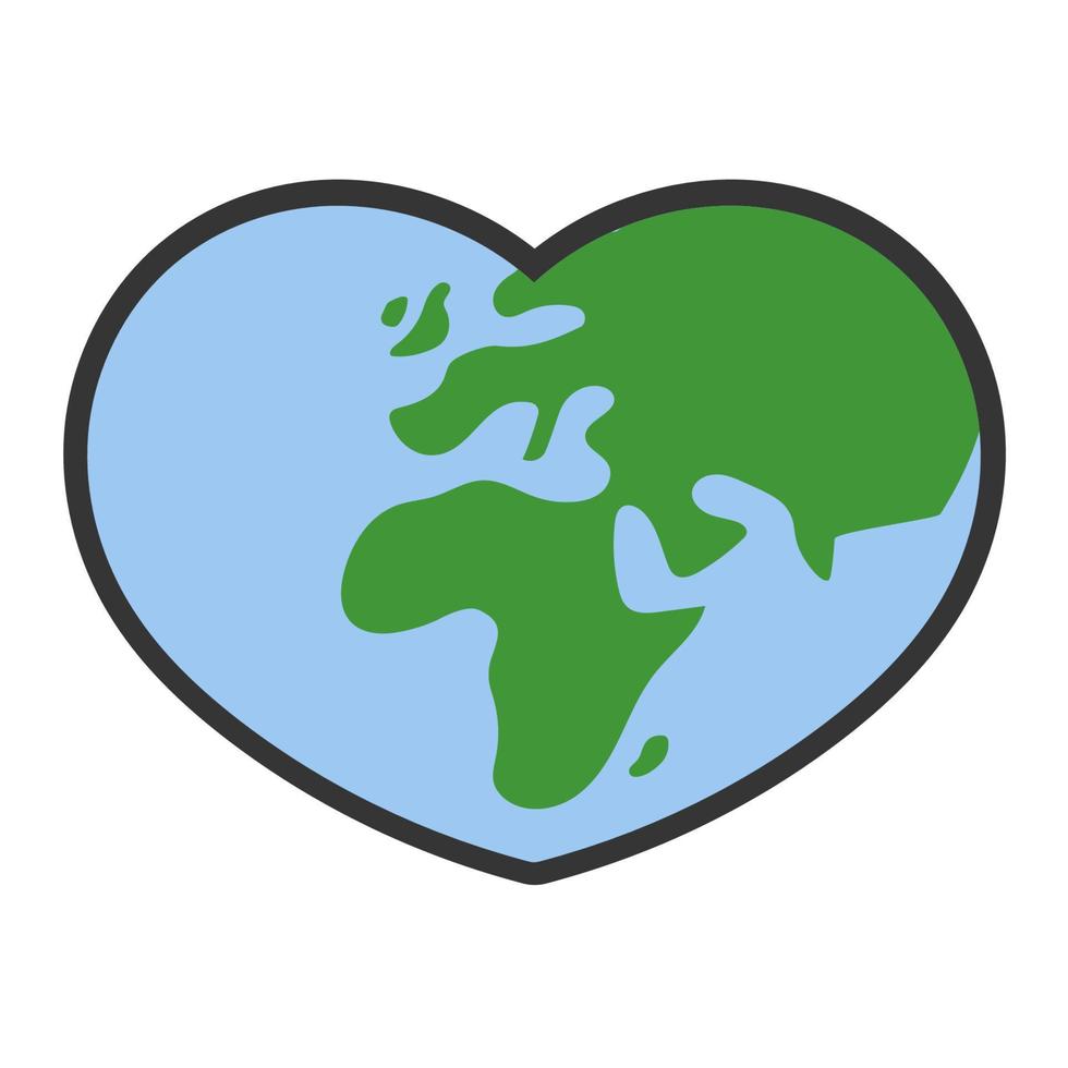 corazón conformado planeta tierra icono. salvar el mundo. eco simpático ambiental mensaje. amor. mapa centrado en África y Europa. vector