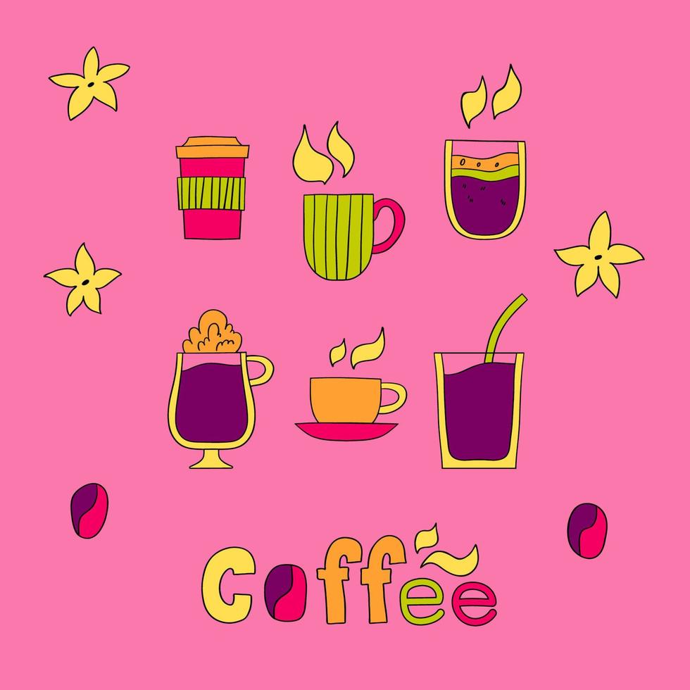 Cups, mugs and glasses with hot and cold coffee vector