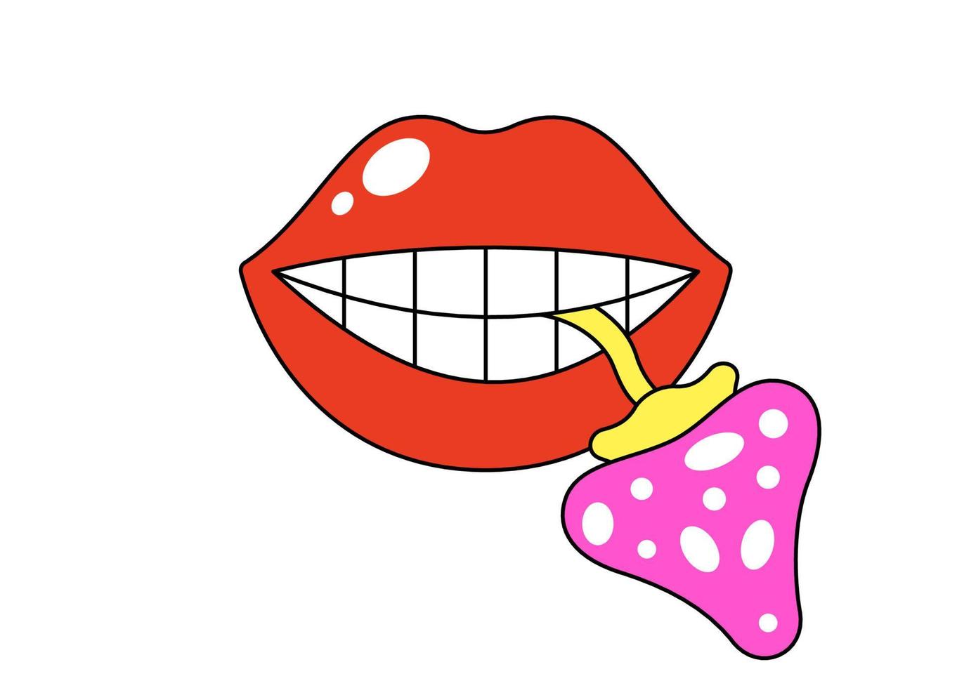 Retro groovy mushroom in mouth. Crazy hippy red lips and fly agaric. Funky psychedelic cartoon female lip. Vintage nostalgic hippie sticker print. Trendy hipster y2k pop art patch. Vector isolated eps