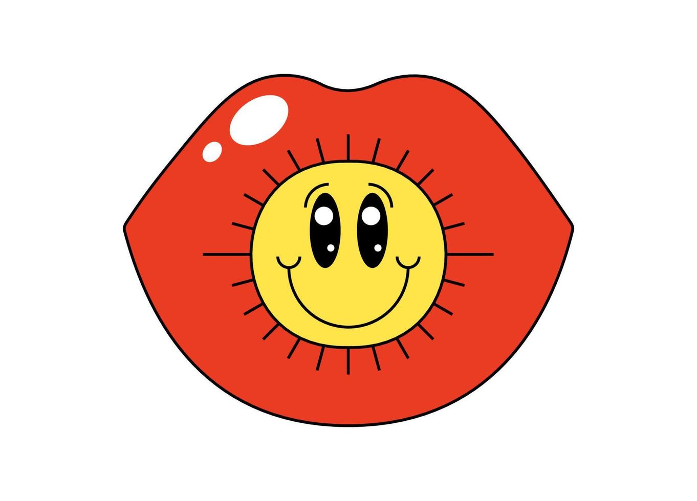 Retro groovy opened mouth with happy smiley. Hippy glossy red open lips and smiling emoji. Funky psychedelic female lip. Vintage hippie sticker. Trendy hipster y2k pop art patch isolated eps vector